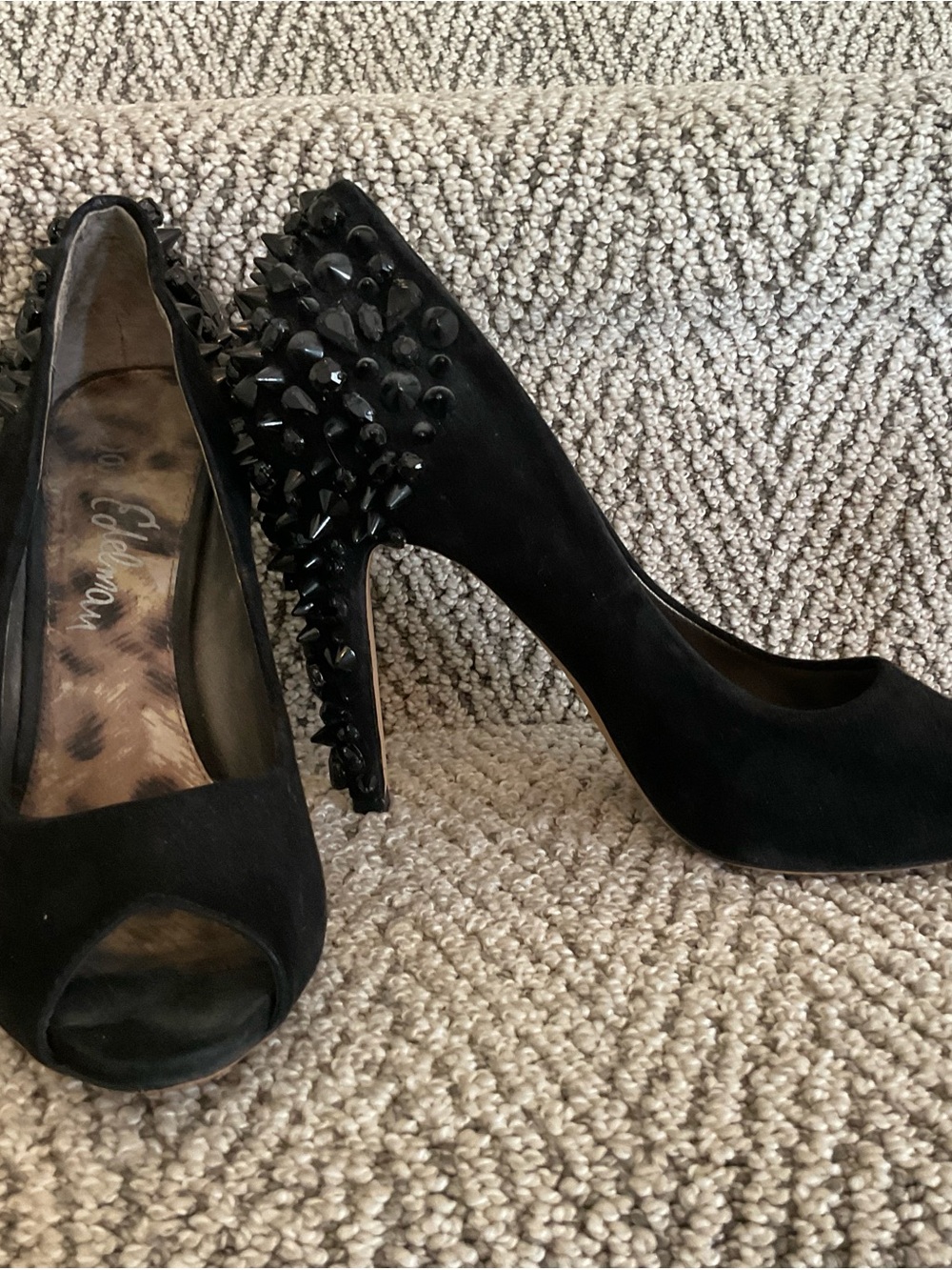Sam Edelman Black Suede Peep-Toe Pumps with Studded Heel